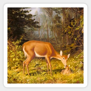 Deer and calf in nature. Colorful, vintage painting Sticker